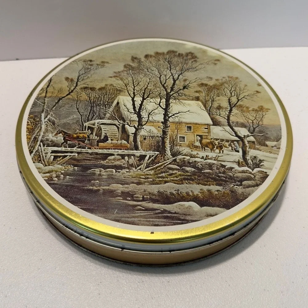Vintage Winter Landscape Round Metal Cookie Tin‎ Horse Sleigh Old Mill 10 Inch